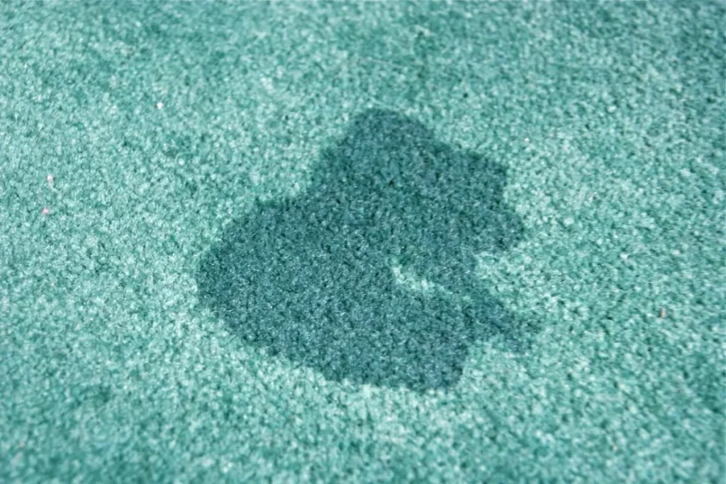 pet urine stain on green carpet in picture.