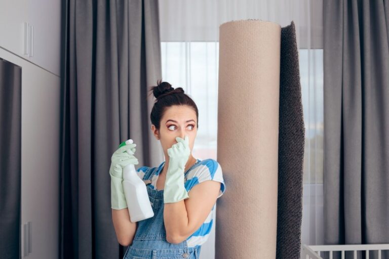 The girl stands holding a rolled-up, presumably stinky carpet, with one hand on her nose and the other gripping an air freshener, capturing the humorous yet relatable moment of dealing with an unpleasant odor.