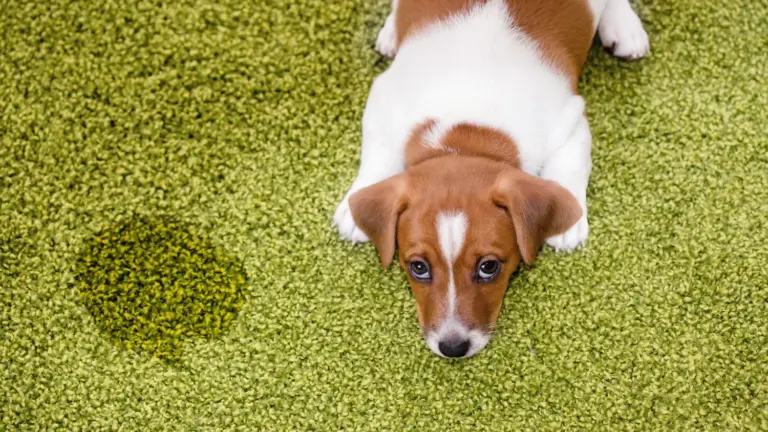 urine stain on green carpet and a dog standing besides looking sad.