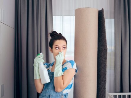 The girl stands holding a rolled-up, presumably stinky carpet, with one hand on her nose and the other gripping an air freshener, capturing the humorous yet relatable moment of dealing with an unpleasant odor.